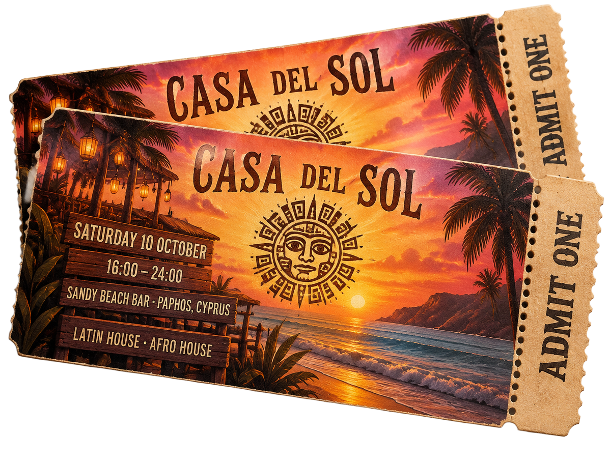 Casa del Sol hard tickets with sunset flyer design